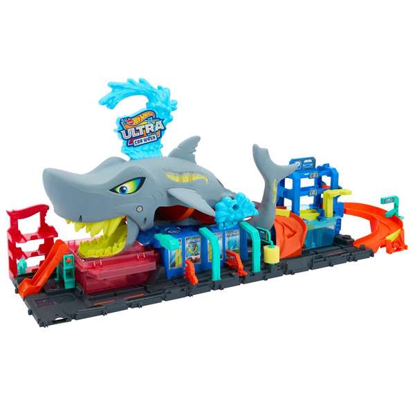 Mattel Pista Hot Wheels City Túnel de Lavado con Tiburón Incluye Coche que Cambia de Color con Agua
