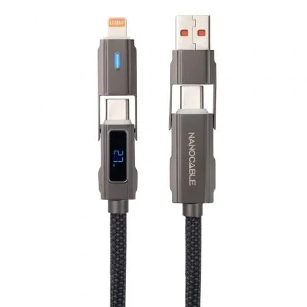 Nano Cable Cable USB-C 2.0 27W 10.01.2501 con Display Digital, Cabezales Intercambiables USB-C/USB-A a Lightning/USB-C, Mallado Algodón, 1 m, Negro