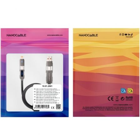 Nano Cable Cable USB-C 2.0 27W 10.01.2501 con Display Digital, Cabezales Intercambiables USB-C/USB-A a Lightning/USB-C, Mallado Algodón, 1 m, Negro