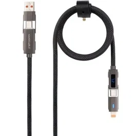 Nano Cable Cable USB-C 2.0 27W 10.01.2501 con Display Digital, Cabezales Intercambiables USB-C/USB-A a Lightning/USB-C, Mallado Algodón, 1 m, Negro