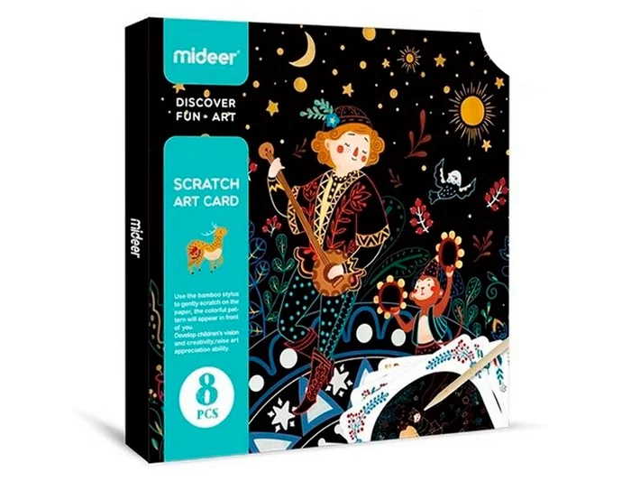 Mideer Juego didactico Mideer Scratch Art Card Boy para Niños, Desarrolla Creatividad y Apreciación Artística con Lápiz de Bambú y 8 Dibujos Ilustrados