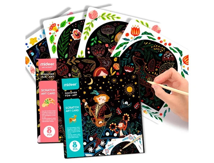 Mideer Juego didactico Mideer Scratch Art Card Boy para Niños, Desarrolla Creatividad y Apreciación Artística con Lápiz de Bambú y 8 Dibujos Ilustrados