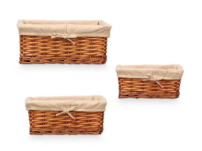Kipit Set 3 Cestos Rectangulares de Mimbre Natural con Detalles en Tela 39x29x16.5 cm (Set de 6)
