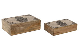DKD Home Decor Hamsa 24 Caja Indio Mango Natural Grabado Set de 2 Piezas 18 x 8 x 25.5 cm