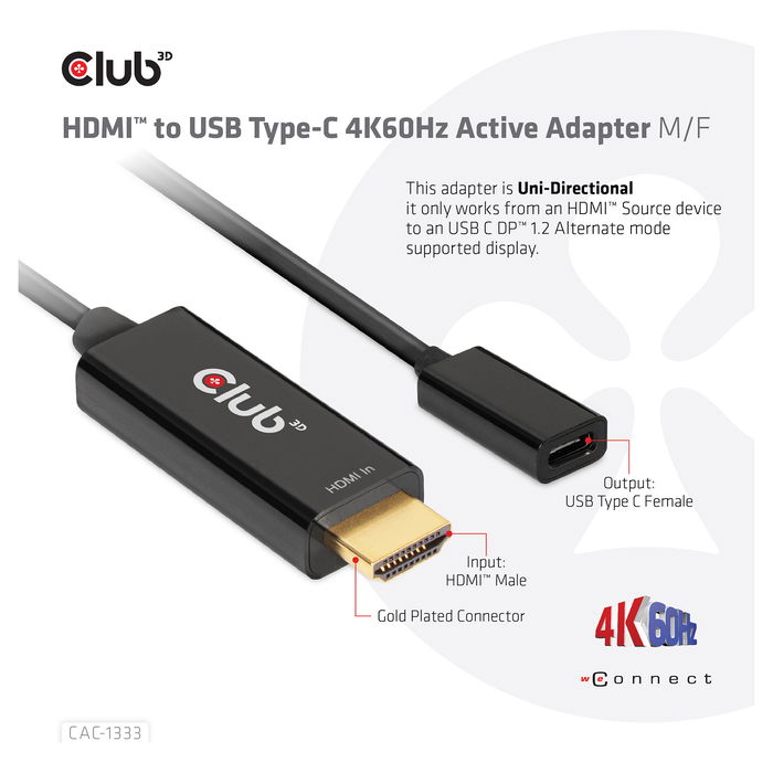 Club 3D Adaptador HDMI 2.0 a USB-C Activo 4K 60Hz (St/Bu)