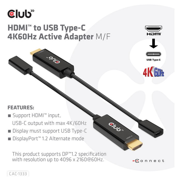 Club 3D Adaptador HDMI 2.0 a USB-C Activo 4K 60Hz (St/Bu)
