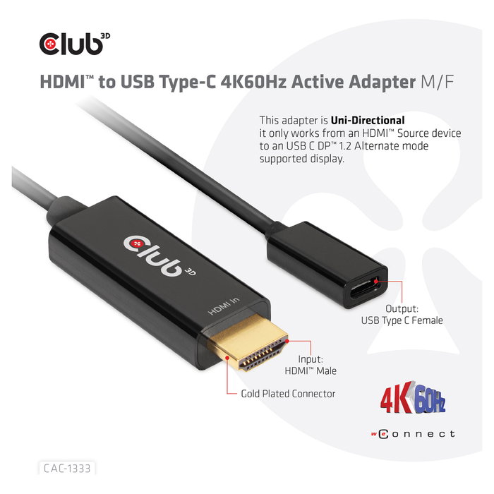 Club 3D Adaptador HDMI 2.0 a USB-C 4K60Hz CAC-1333 Club 3D Adaptador HDMI 2.0 a USB-C 4K60Hz CAC-1333