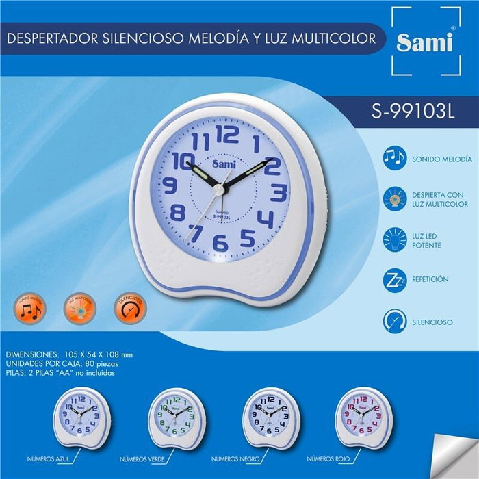 SAMI Despertador Sami Infantil Blanco con Melodías y Luz, Negro