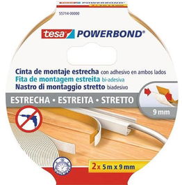 Tesa Powerbond Cinta Adhesiva de Montaje Doble Cara, 2 Rollos 9 mm x 5 m, Estrecha y Transparente, para Fijación de Cables y Decoraciones