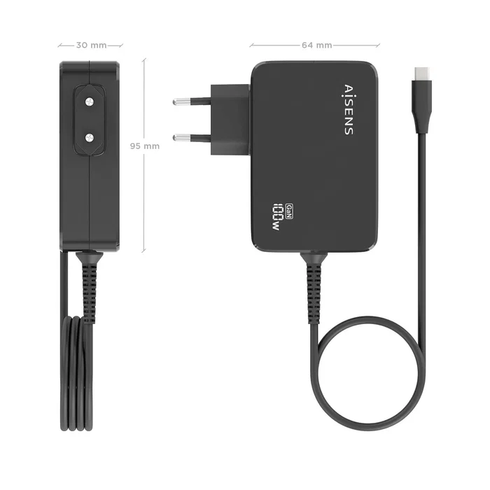 Aisens Cargador GaN 100W USB-C PD3.0 con cable de 1.8m Negro
