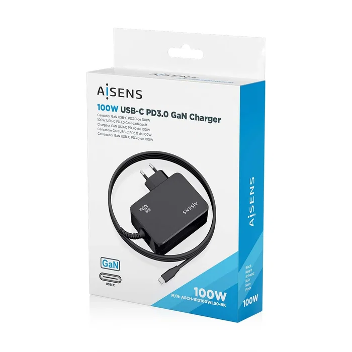 Aisens Cargador GaN 100W USB-C PD3.0 con cable de 1.8m Negro