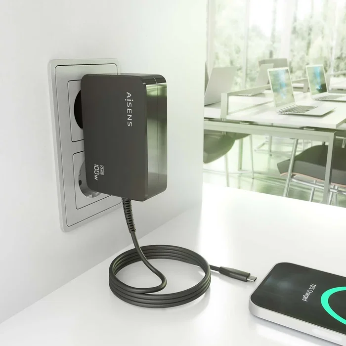Aisens Cargador GaN 100W USB-C PD3.0 con cable de 1.8m Negro