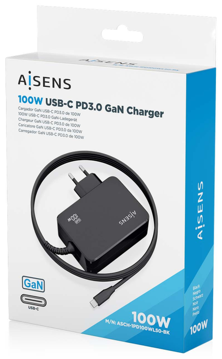 Aisens Cargador GaN 100W USB-C PD3.0 con Cable 1.8m Negro