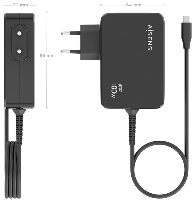 Aisens Cargador GaN 100W USB-C PD3.0 con Cable 1.8m Negro