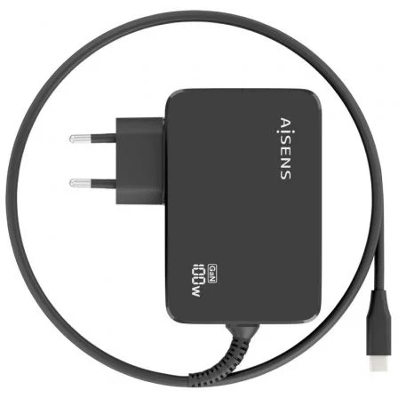 Aisens Cargador GaN 100W ASCH-1PD100WL50-BK con Cable USB-C 1.8m PD3.0 Automático para Portátil, Móvil, Tablet, Negro