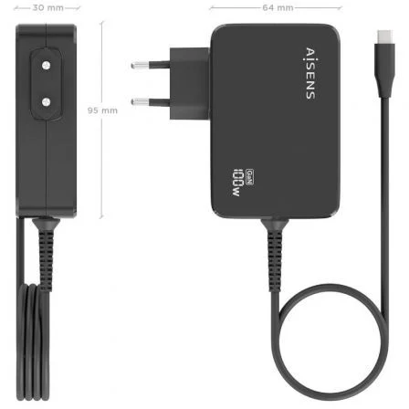 Aisens Cargador GaN 100W ASCH-1PD100WL50-BK con Cable USB-C 1.8m PD3.0 Automático para Portátil, Móvil, Tablet, Negro
