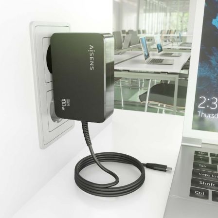 Aisens Cargador GaN 100W ASCH-1PD100WL50-BK con Cable USB-C 1.8m PD3.0 Automático para Portátil, Móvil, Tablet, Negro