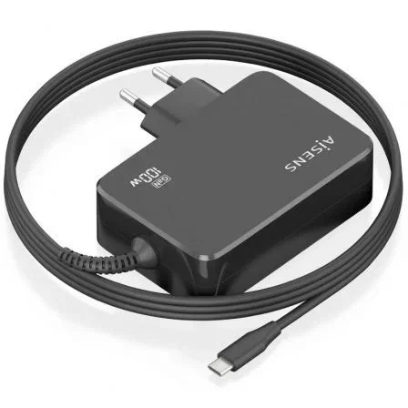 Aisens Cargador GaN 100W ASCH-1PD100WL50-BK con Cable USB-C 1.8m PD3.0 Automático para Portátil, Móvil, Tablet, Negro