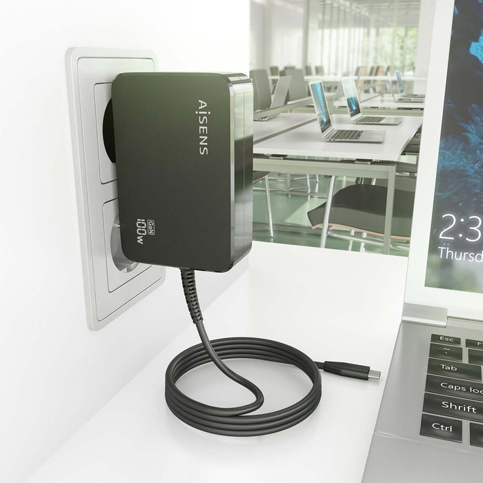 Aisens Cargador GaN 100W USB-C PD3.0 con Cable 1.8m Negro