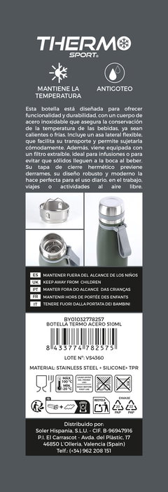 Thermosport Botella Termo Acero Inoxidable 510 ml - Ø 7.8 x 22.5 cm (6 Unidades)