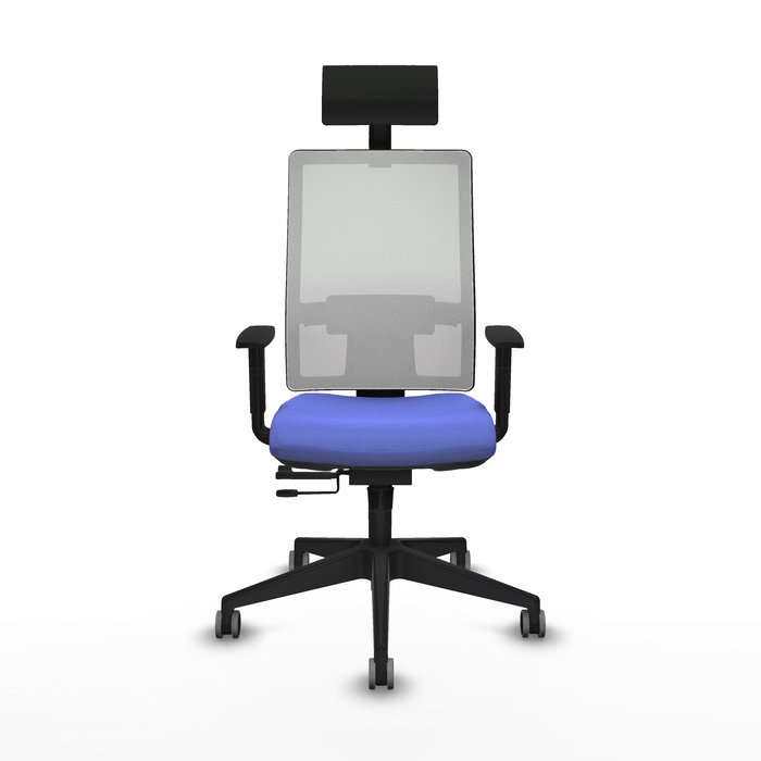 Silla de oficina Horna con mecanismo Sincro/Traslack tapizada con Tela color Azul claro y malla color Blanco. Equipada con lumbar 1D, Brazos 1D, Cabecero Fijo y Ruedas 65 mm parqué