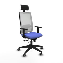 Silla de oficina Horna con mecanismo Sincro/Traslack tapizada con Tela color Azul claro y malla color Blanco. Equipada con lumbar 1D, Brazos 1D, Cabecero Fijo y Ruedas 65 mm parqué