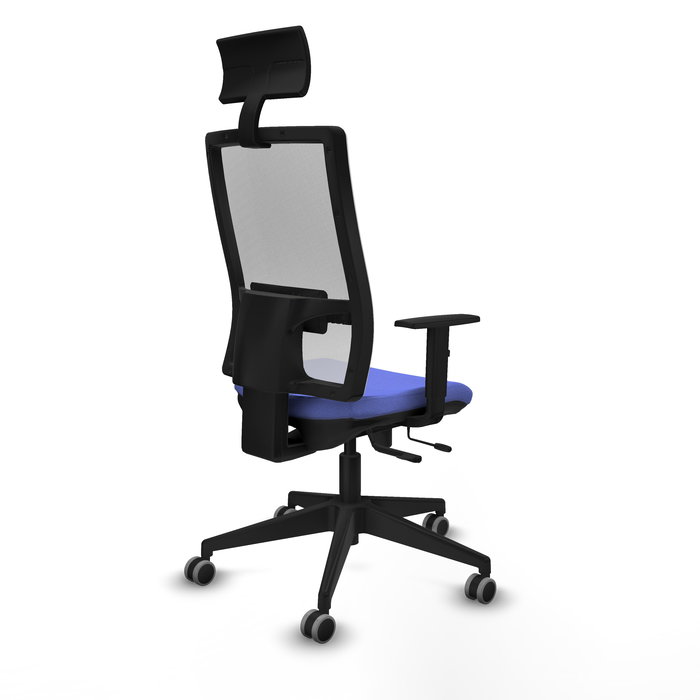 Silla de oficina Horna con mecanismo Sincro/Traslack tapizada con Tela color Azul claro y malla color Blanco. Equipada con lumbar 1D, Brazos 1D, Cabecero Fijo y Ruedas 65 mm parqué
