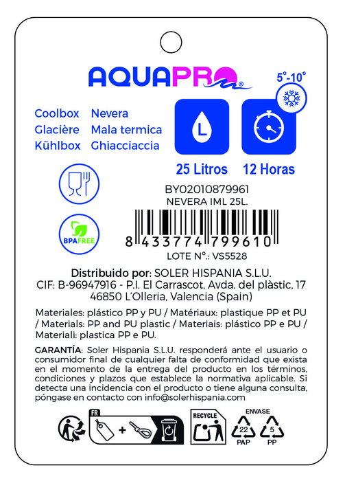 Inde Nevera Iml Aquapro 25 Litros, Enfriador Portátil 28.4 x 35.4 x 37.3 cm (2 Unidades)