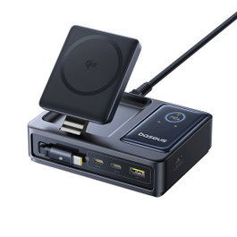 Baseus NOMOS 140W Estación de Carga Qi2 con Cable USB-C Retráctil y Pantalla Digital - Negro