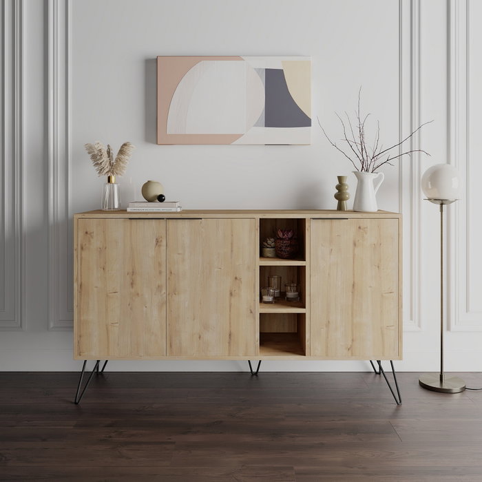Hanah Home Consola Roble 142x83x35.6 cm Tablero Melamina Estantes Patas Metal Hanah Home Consola Roble 142x83x35.6 cm Tablero Melamina Estantes Patas Metal