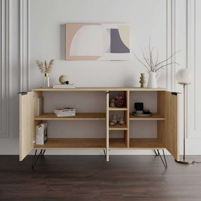 Hanah Home Consola Roble 142x83x35.6 cm Tablero Melamina Estantes Patas Metal Hanah Home Consola Roble 142x83x35.6 cm Tablero Melamina Estantes Patas Metal