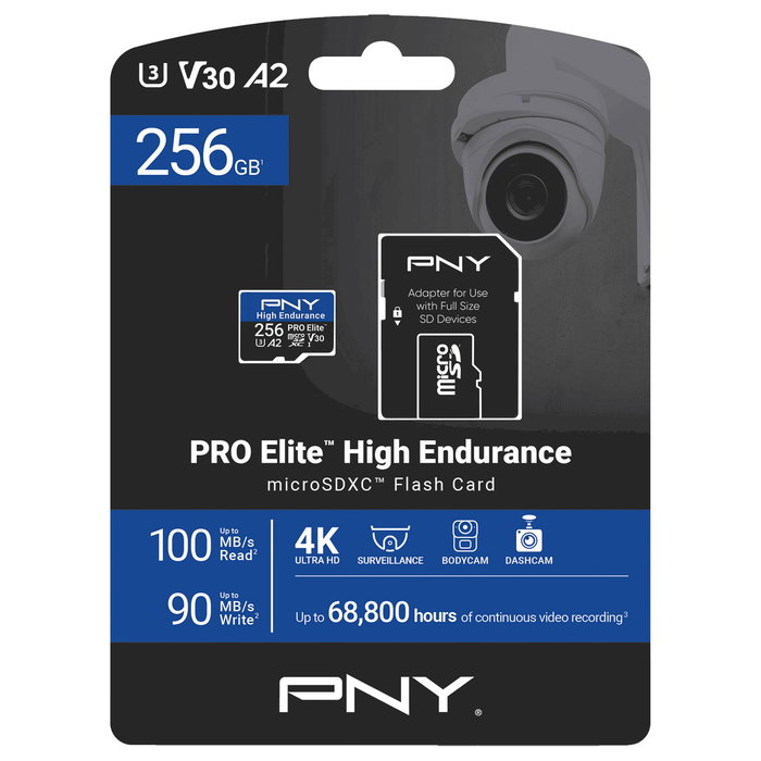 PNY Technologies PRO Elite High Endurance Tarjeta de Memoria MicroSDXC 256 GB Clase 10 UHS-I U3 V30 A2, Lectora 100 MB/s, Resistente a Agua, Golpes y Temperatura, con Adaptador SD