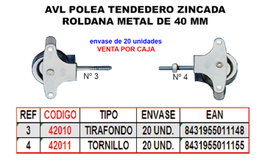 Polea para tendedero de zinc 40mm con roldana metálica y tirafondo HR05S