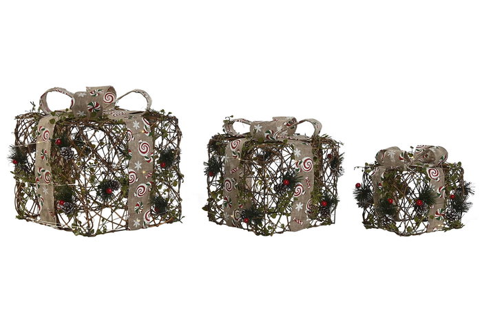 DKD Home Decor Regalo Navidad Tradicional Set de 3 Piezas Ratan Led Verde Beige 26x30x26 cm