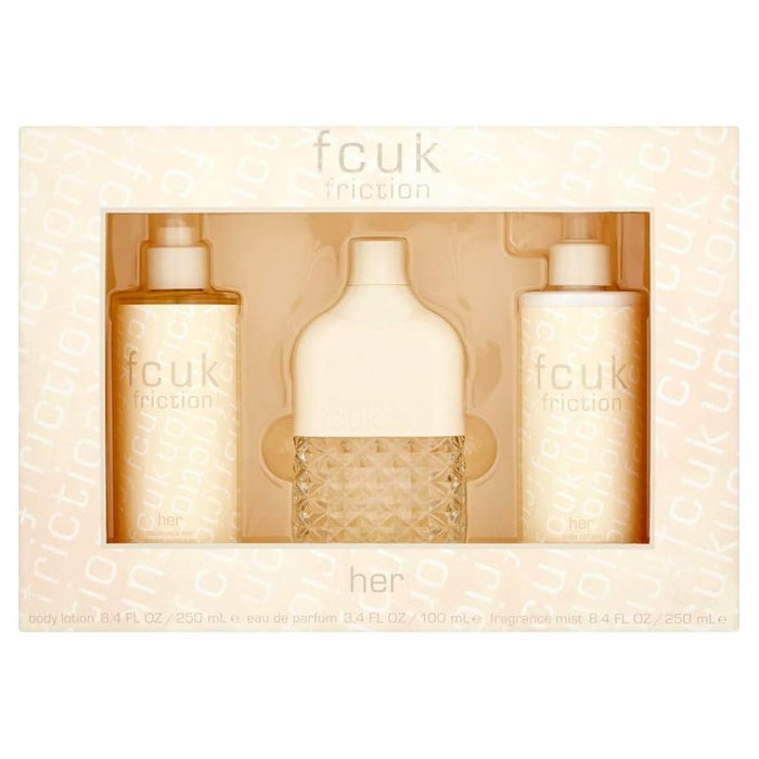 Set Fcuk: Friction, Eau De Parfum, For Women, 100 ml + Friction, Hydrates, Body Lotion, 250 ml + Friction, Scented Spray, For Women, 250 ml Set Fcuk: Friction, Eau De Parfum, For Women, 100 ml + Friction, Hydrates, Body Lotion, 250 ml + Friction, Scented Spray, For Women, 250 ml