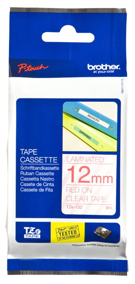 Brother Cinta Laminada TZe132 de 12 mm, Texto Rojo sobre Transparente