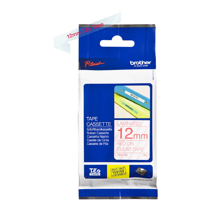 Brother Cinta Laminada TZe132 Texto Rojo sobre Transparente 12 mm