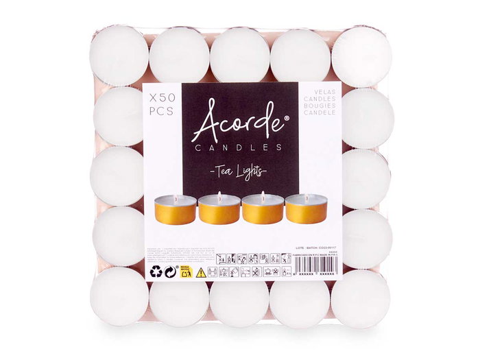 Acorde Set 50 Velas Tealight 4 Horas Color Oro 19x3x19 cm (Set de 20) Acorde Set 50 Velas Tealight 4 Horas Color Oro 19x3x19 cm (Set de 20)