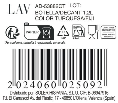 LAV Botella 1.2L - Color Turquesa/Fiji - ø6.8x25cm (12 Unidades)