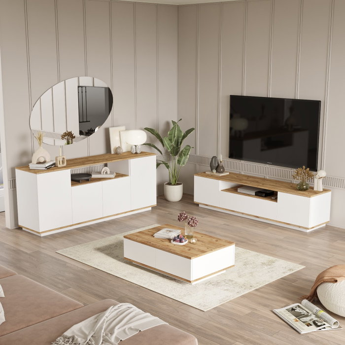 Hanah Home FR18-AW Conjunto Muebles Salón Tablero Melamina 18mm Pino Atlántico Blanco Mueble TV 180cm Mesa Centro 90cm Consola