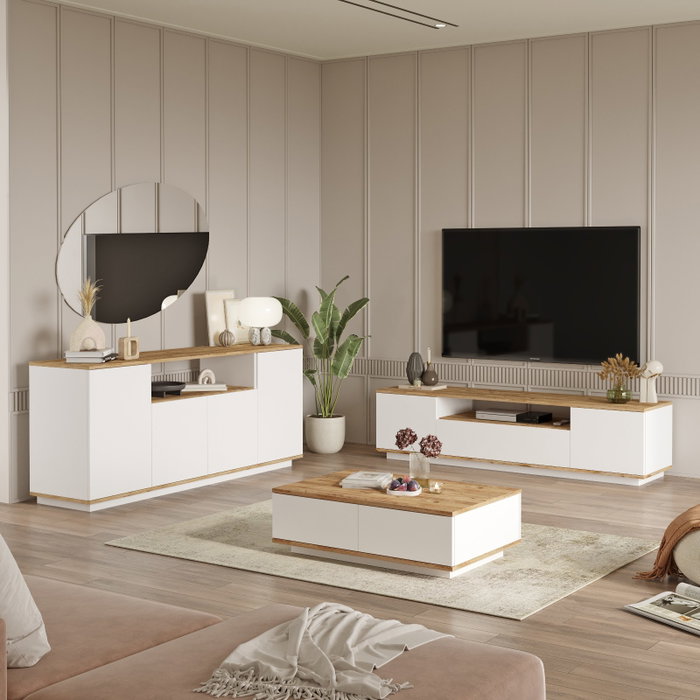Hanah Home FR18-AW Conjunto Muebles Salón Tablero Melamina 18mm Pino Atlántico Blanco Mueble TV 180cm Mesa Centro 90cm Consola