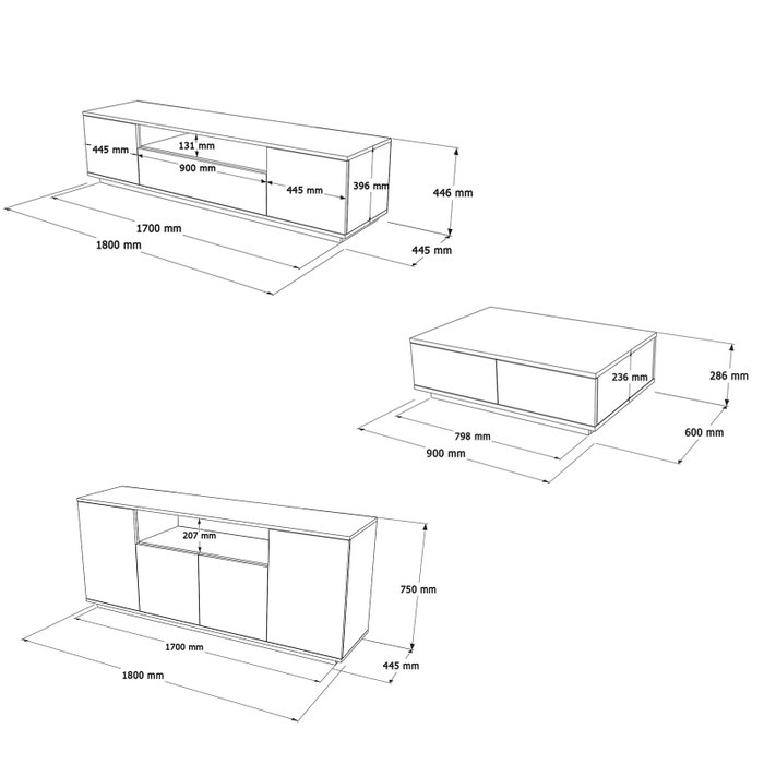 Hanah Home FR18-AW Conjunto Muebles Salón Tablero Melamina 18mm Pino Atlántico Blanco Mueble TV 180cm Mesa Centro 90cm Consola