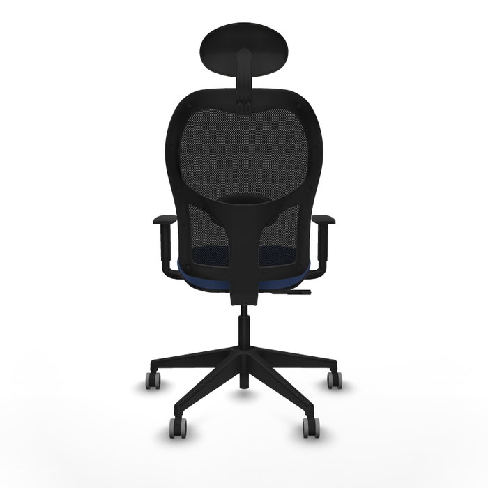 Silla de oficina Alocén con mecanismo Sincro tapizada con Tela color Azul marino y malla color Negro. Equipada con lumbar 1D, Brazos 1D, Cabecero Fijo y Ruedas 65 mm parqué