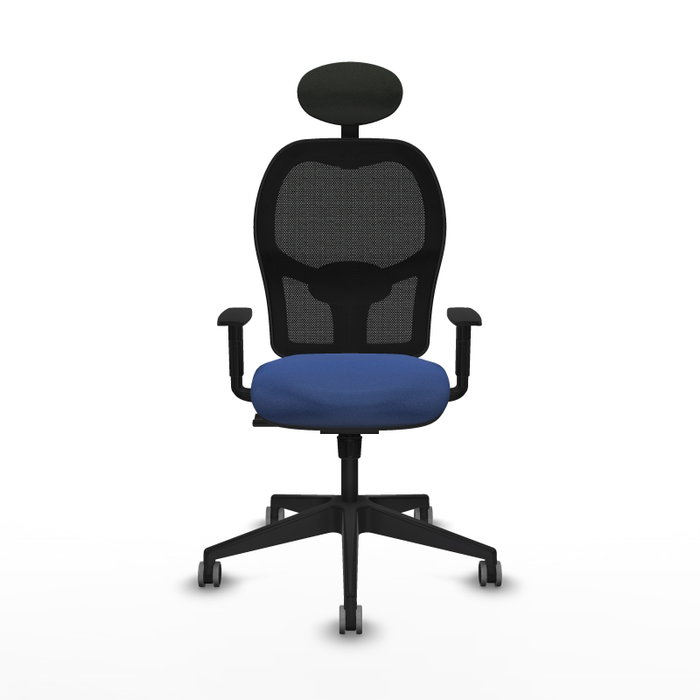 Silla de oficina Alocén con mecanismo Sincro tapizada con Tela color Azul marino y malla color Negro. Equipada con lumbar 1D, Brazos 1D, Cabecero Fijo y Ruedas 65 mm parqué