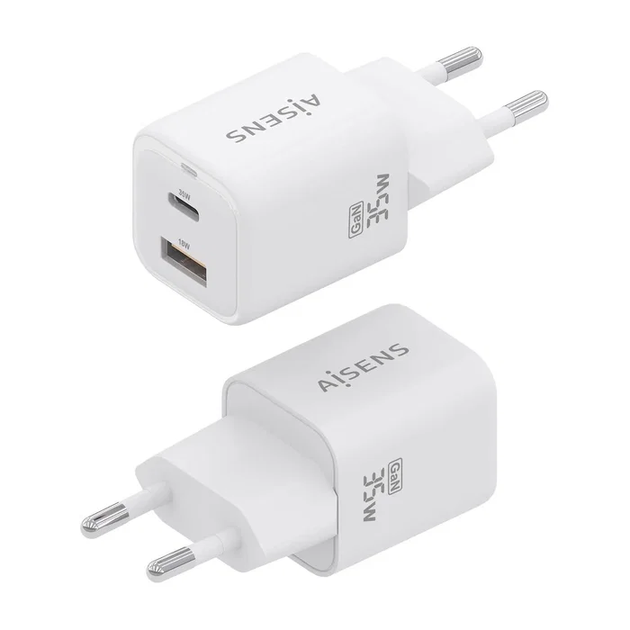 Aisens Cargador GaN 35W con 2 Puertos USB-C y USB-A, Blanco