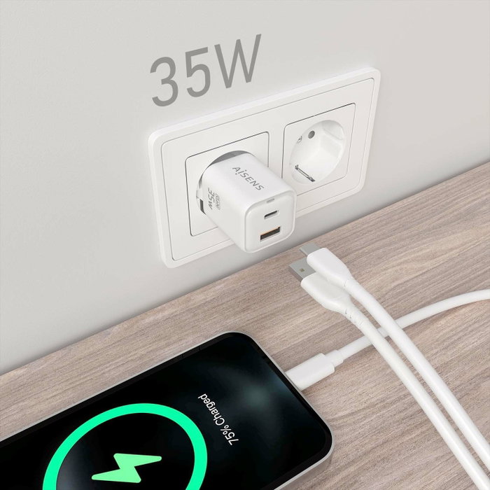 Aisens Cargador GaN 35W con 2 Puertos USB-C y USB-A, Blanco