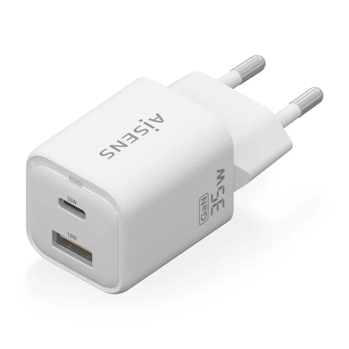 Aisens Cargador GaN 35W con 2 Puertos USB-C y USB-A, Blanco