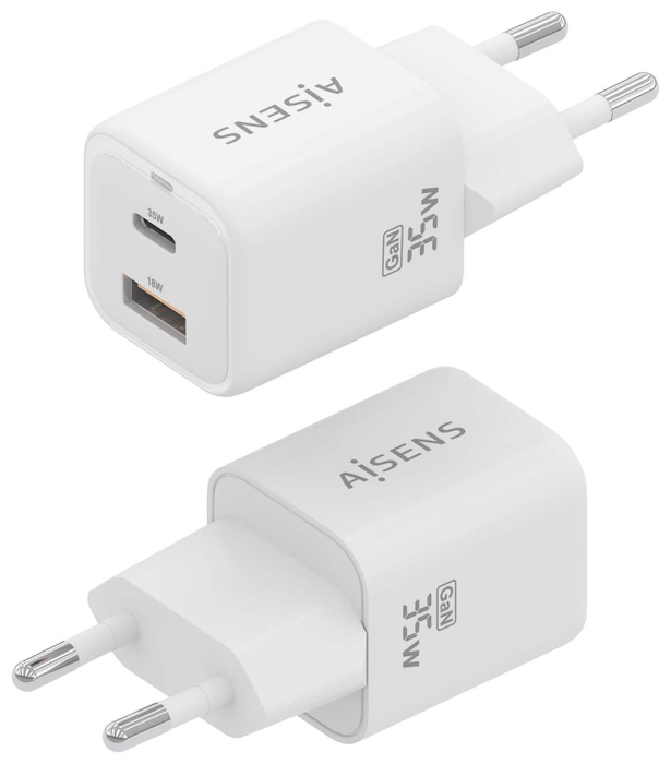 Aisens Cargador GaN 35W con 2 Puertos USB-C y USB-A, Blanco