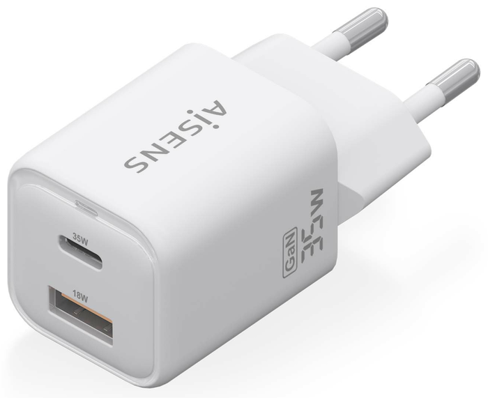 Aisens Cargador GaN 35W con 2 Puertos USB-C y USB-A, Blanco