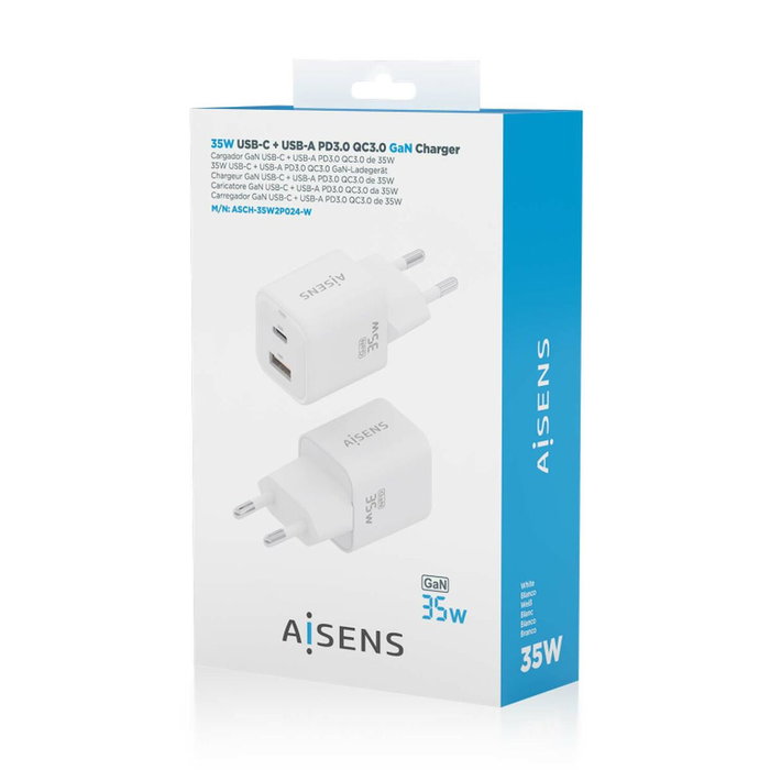 Aisens Cargador GaN 35W con USB-C y USB-A Blanco